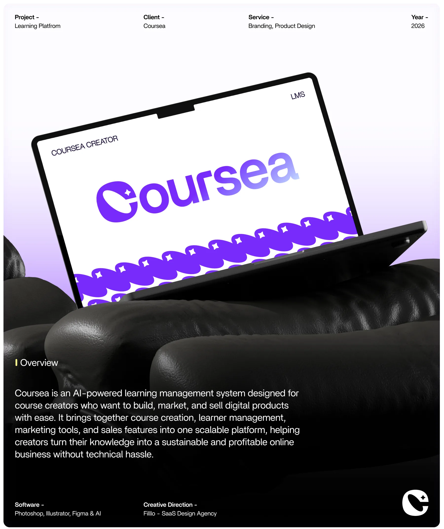 Coursea learning platform identity shown on a device mockup