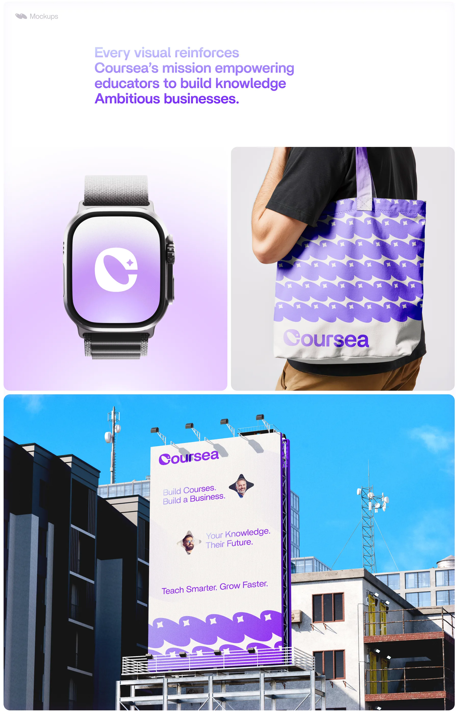 Coursea identity applied to a watch, tote bag and outdoor billboard