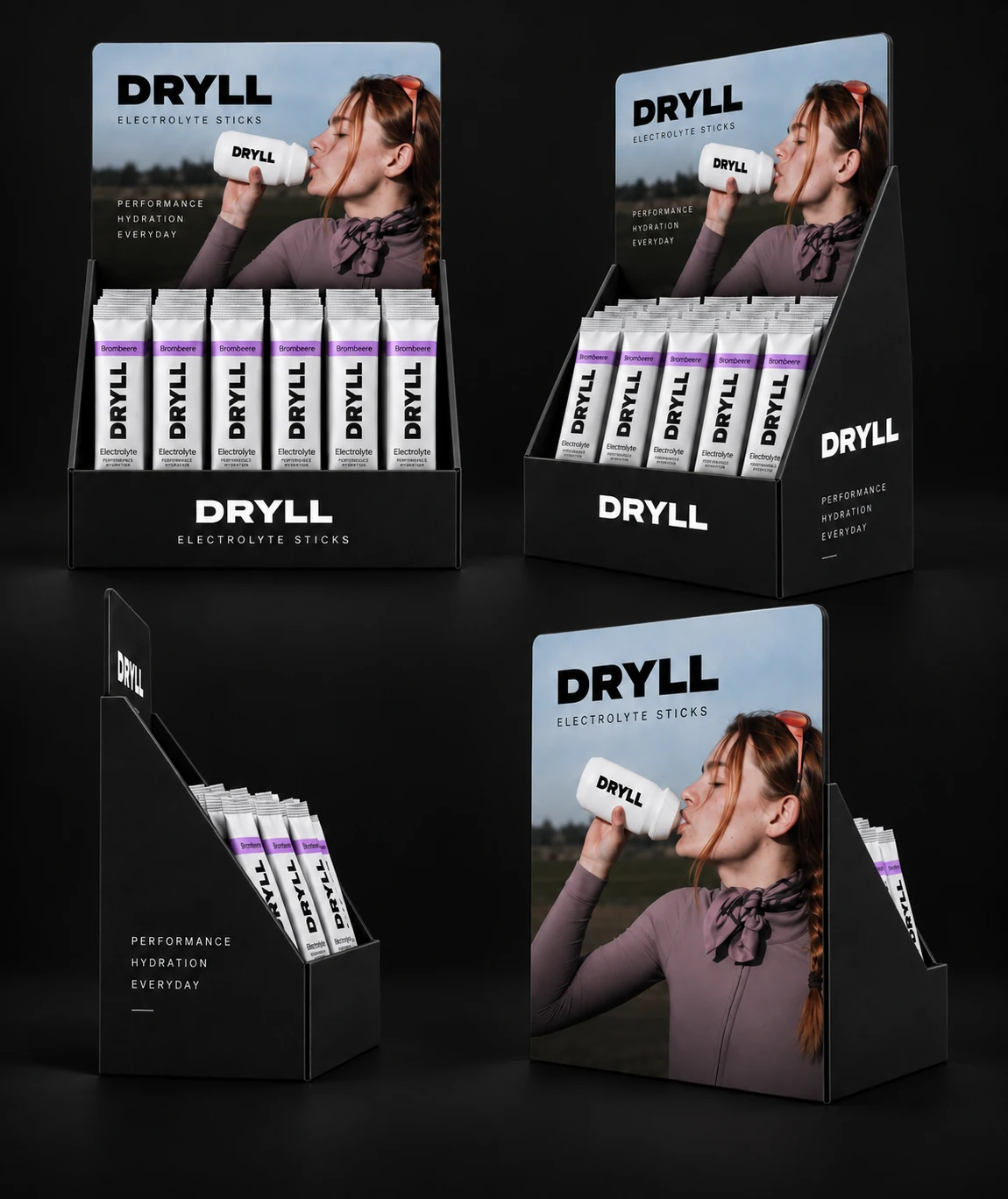 Four views of a black DRYLL countertop display holding Brombeere electrolyte sticks