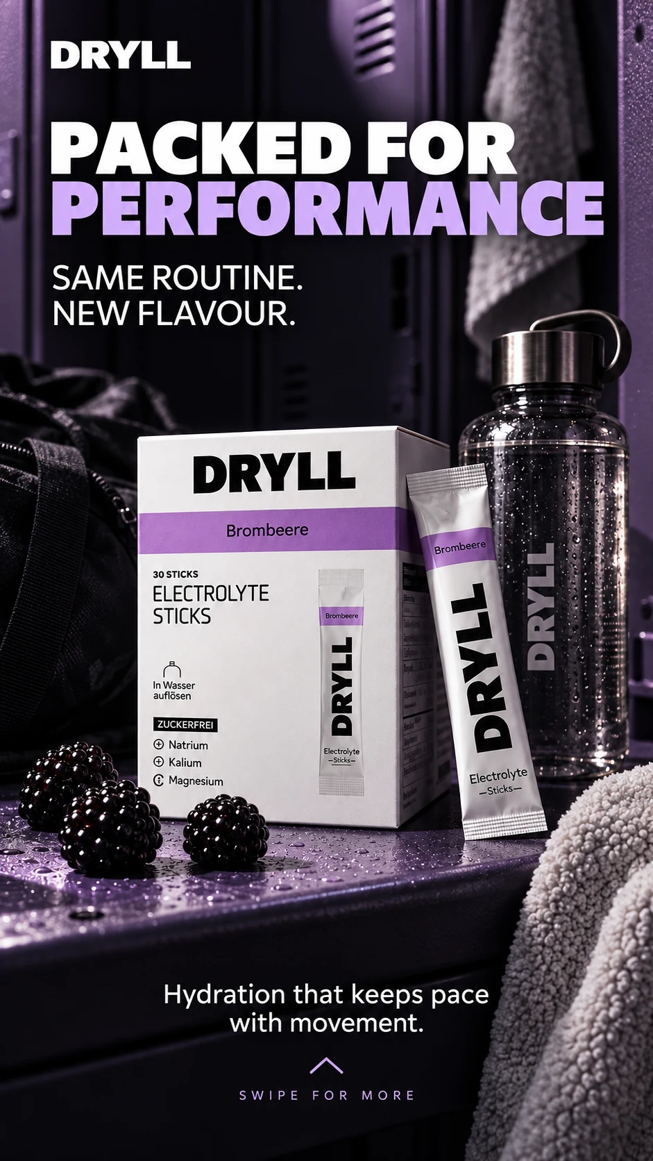 Vertical DRYLL Instagram story ad featuring Brombeere packaging in a locker room