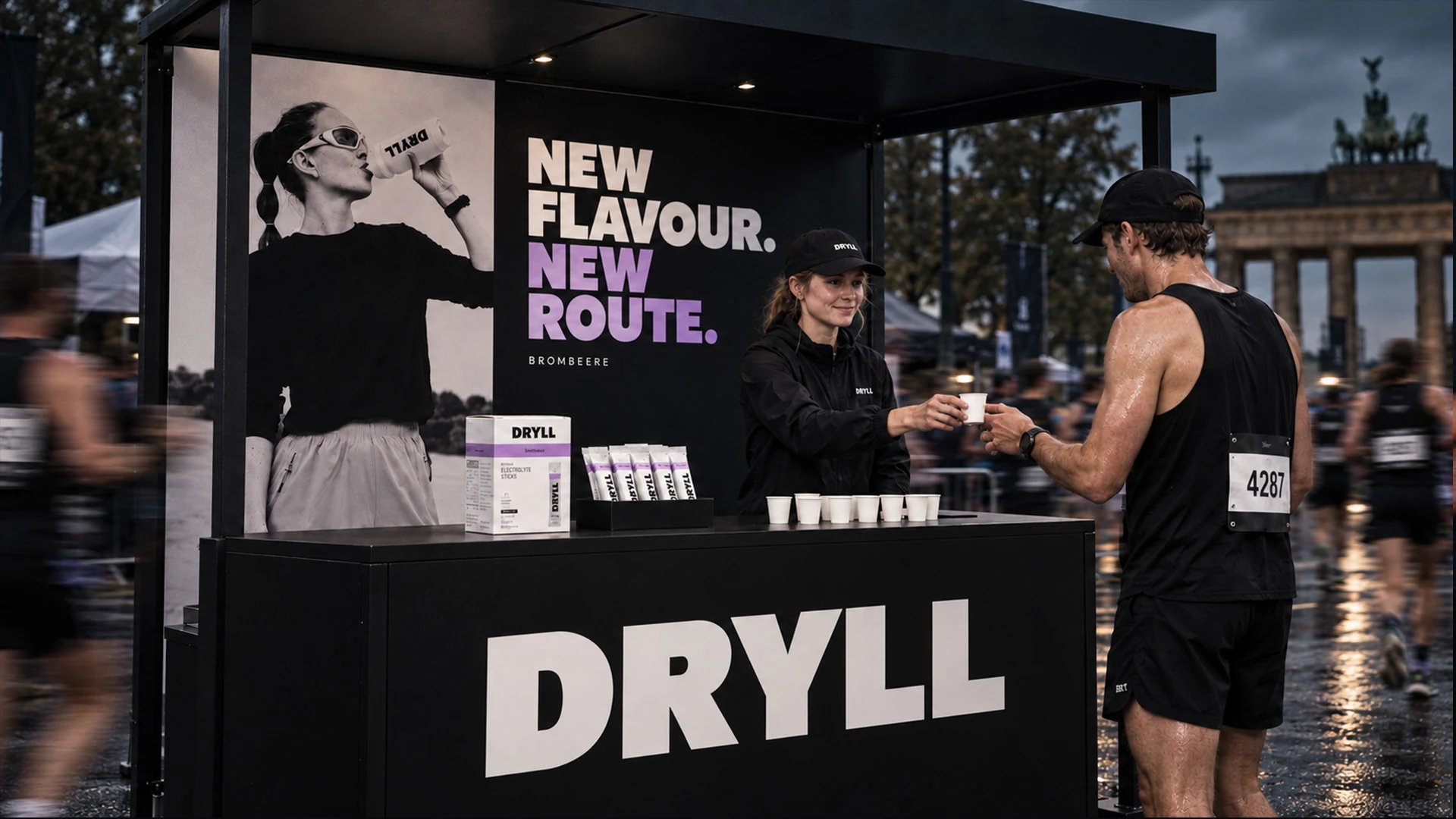 DRYLL sampling kiosk serving a runner near Berlin's Brandenburg Gate