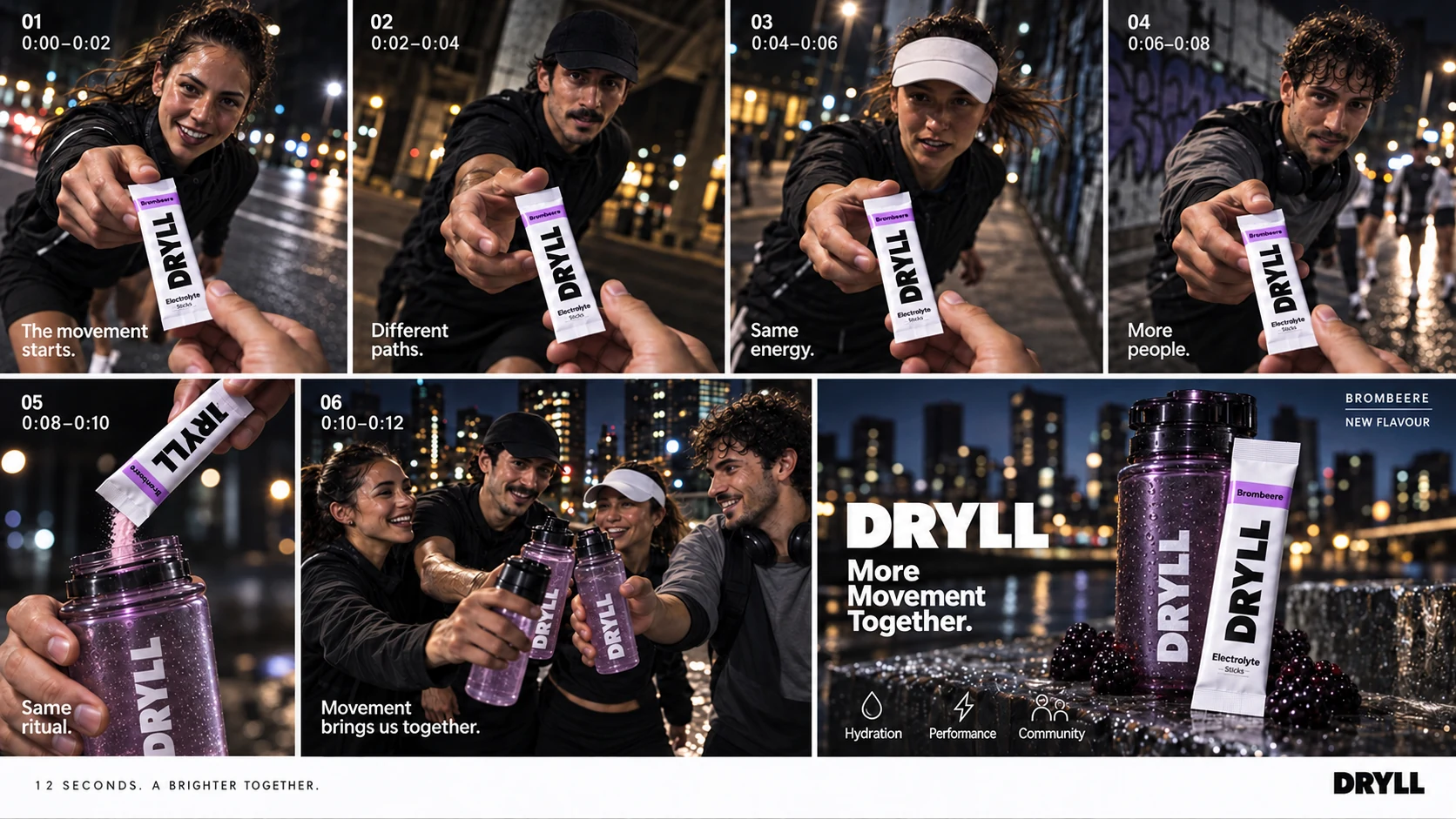 Six-frame DRYLL motion storyboard ending with the product and More Movement Together line