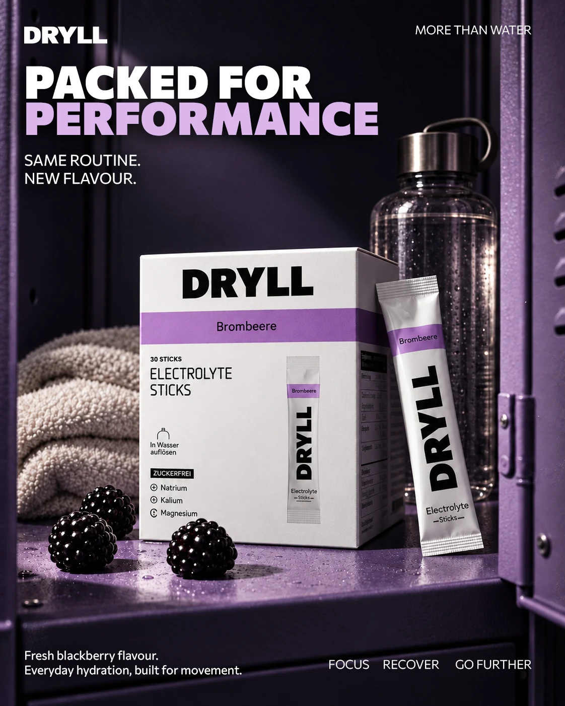 DRYLL product box, stick and bottle in a purple locker-room setting