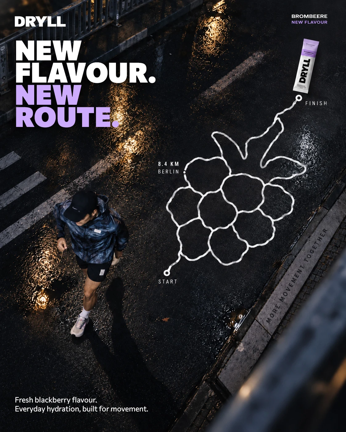 DRYLL poster showing a runner and a blackberry-shaped route on a wet Berlin street