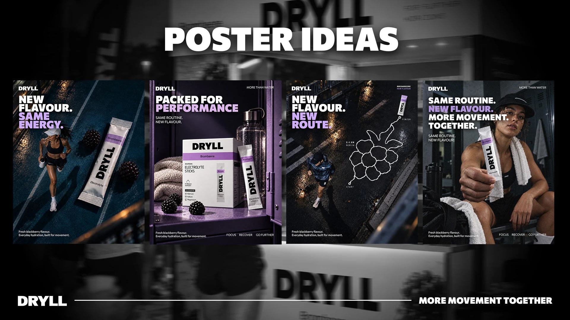 Presentation board showing four DRYLL Brombeere poster concepts