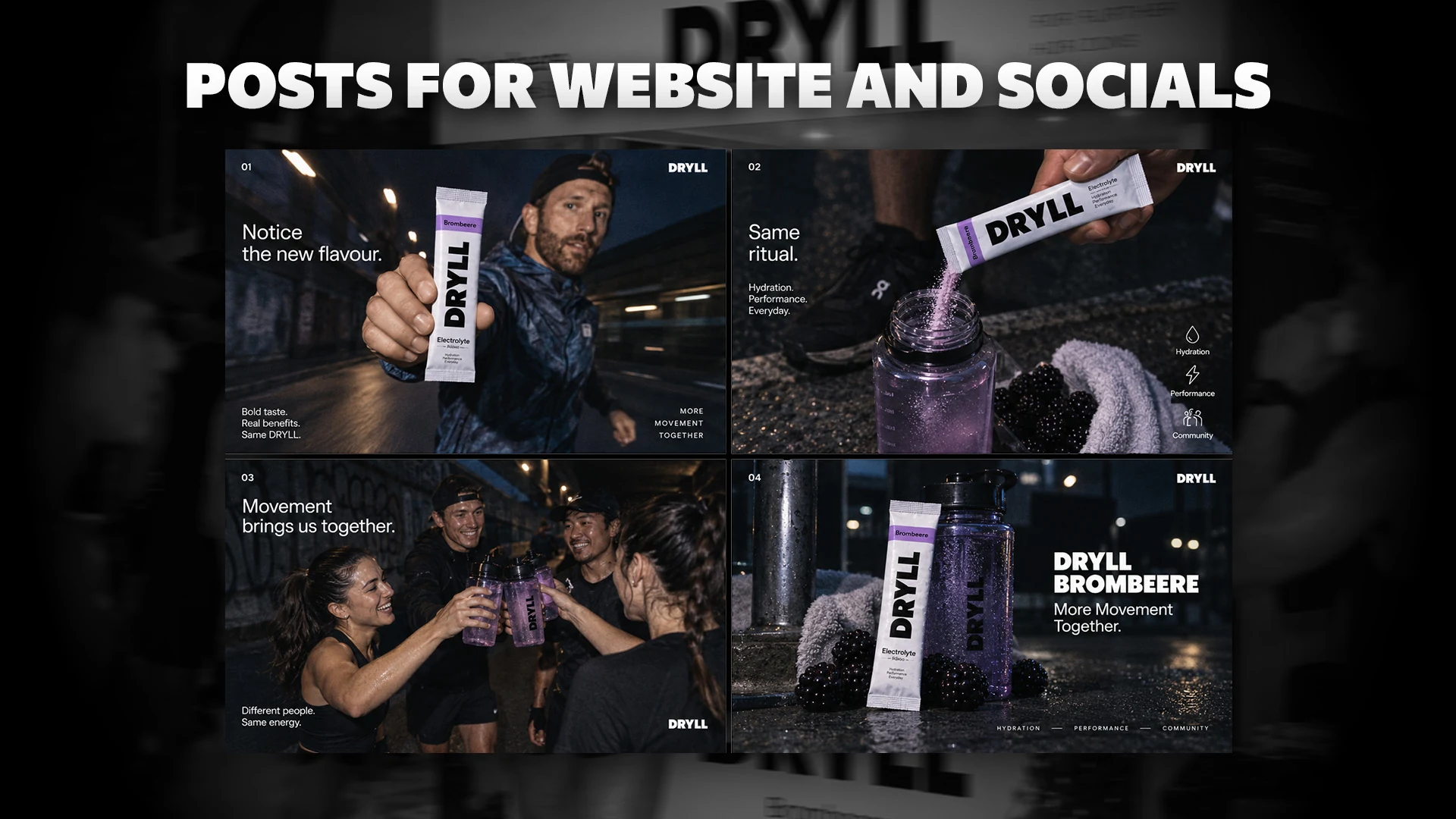 Four DRYLL website and social posts showing product, preparation and community moments