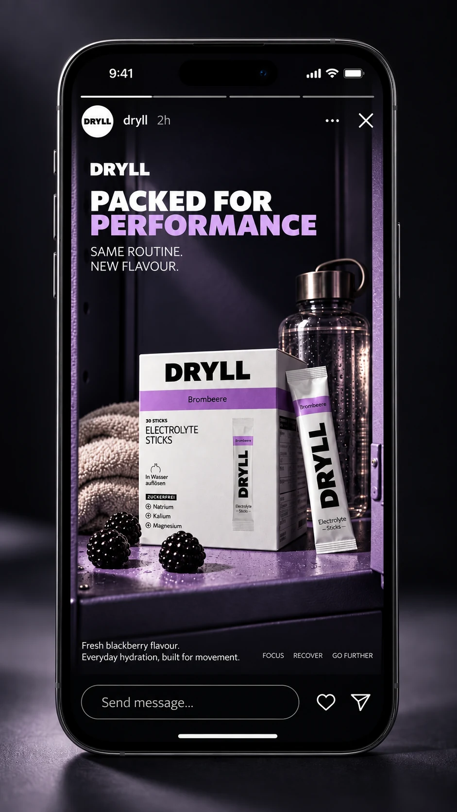 DRYLL Brombeere campaign shown inside an Instagram story phone mockup