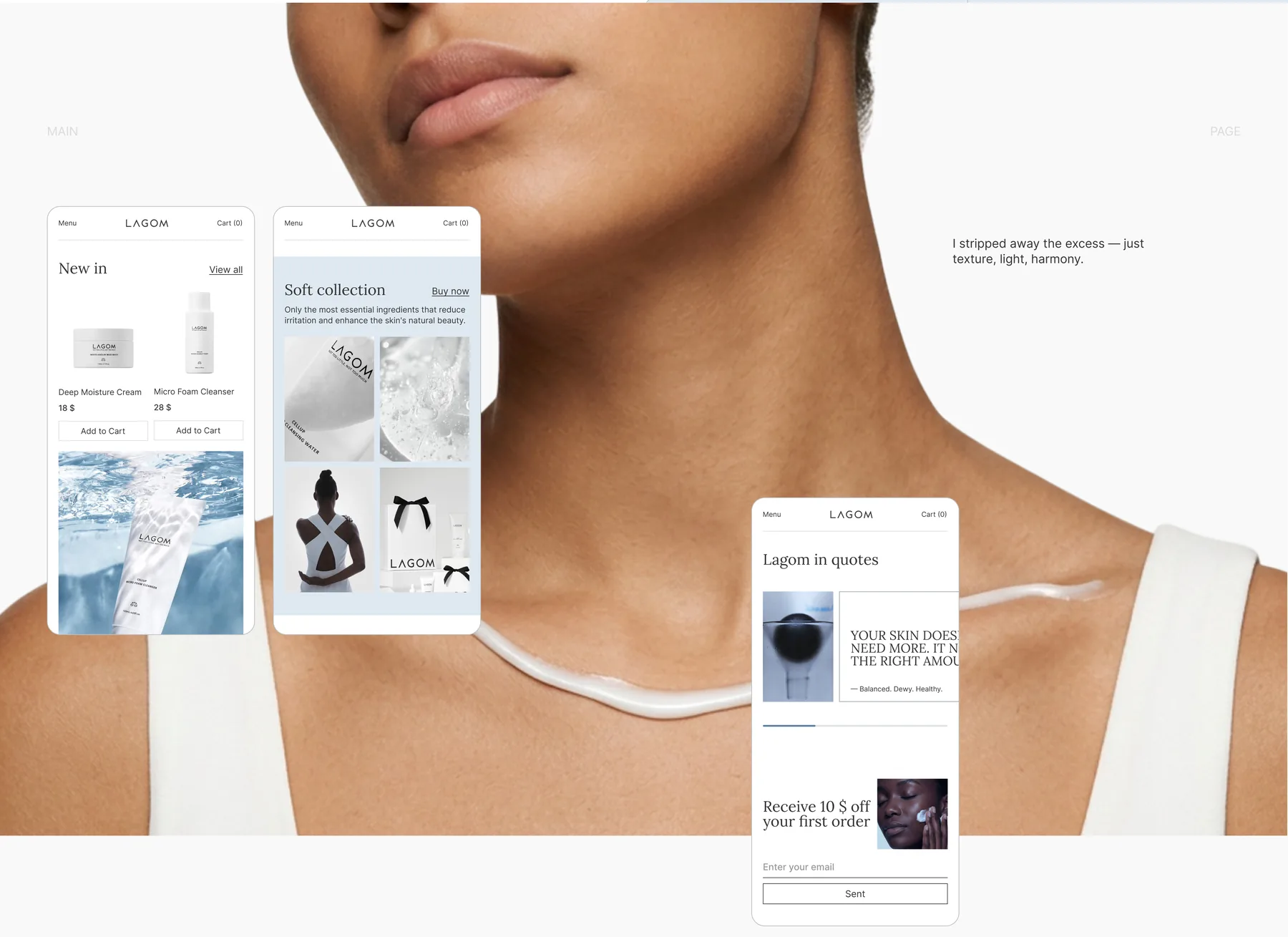 Lagom mobile interface mockups on skincare imagery