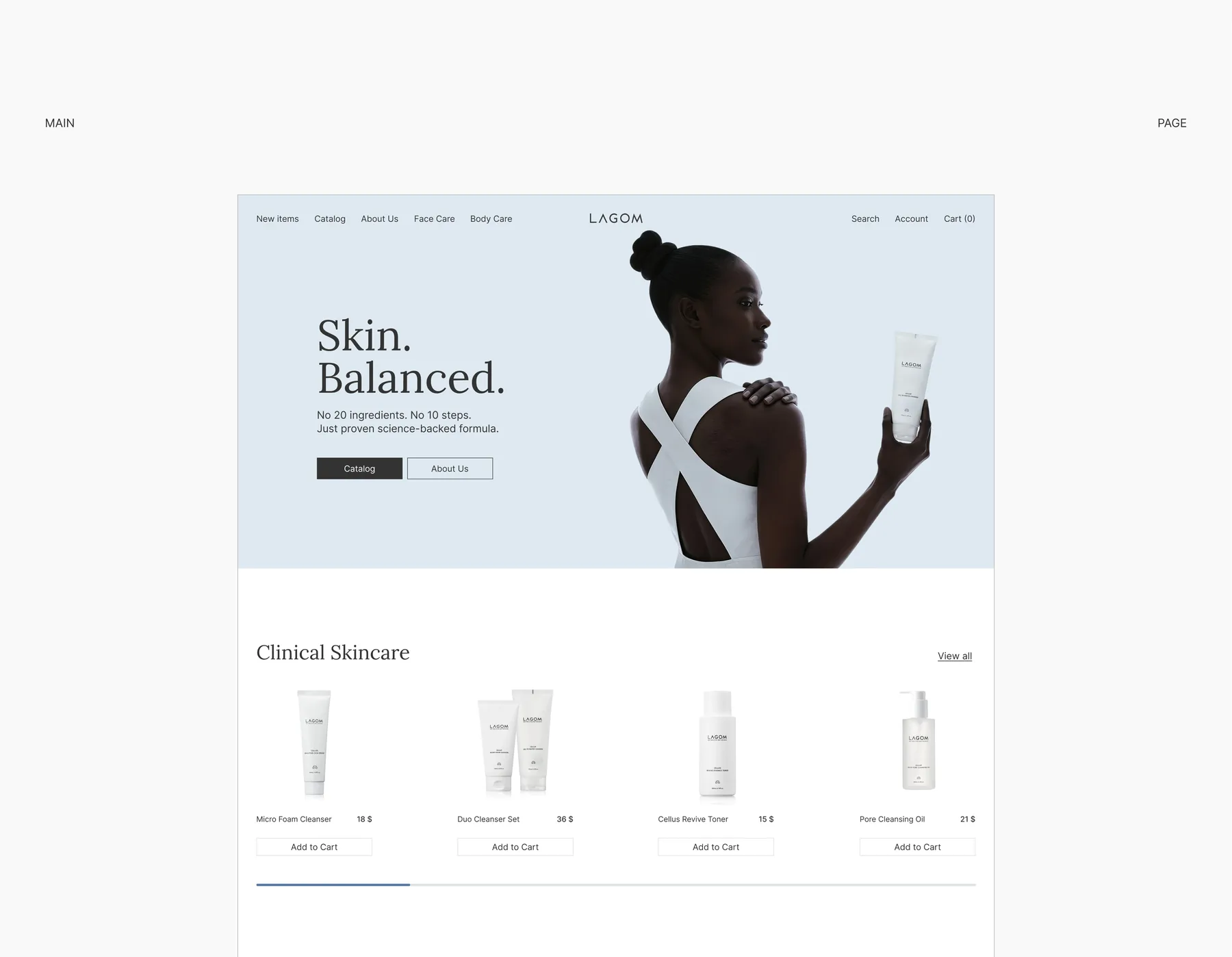 Lagom homepage and clinical skincare product grid