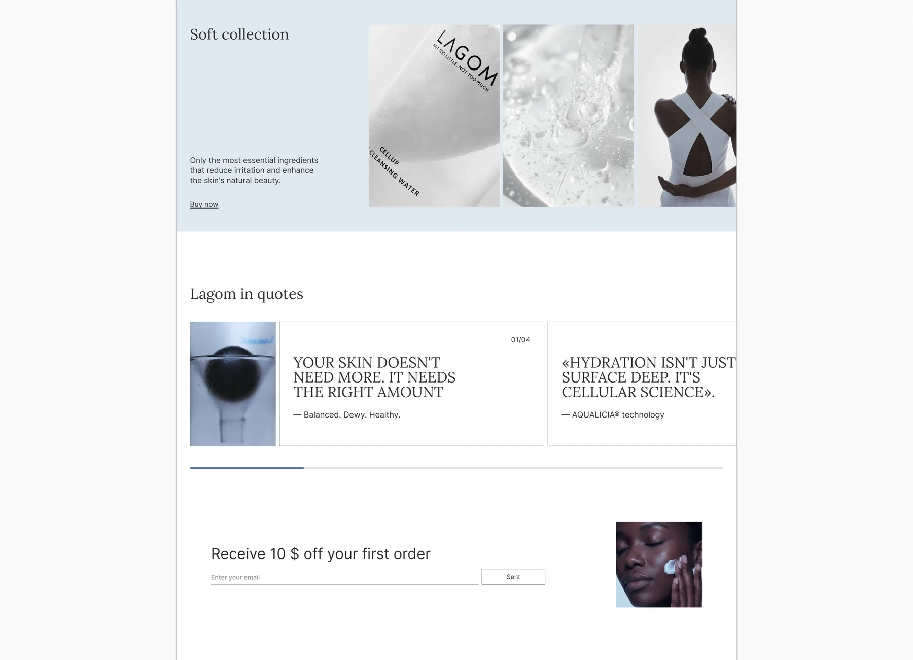 Lagom skincare homepage with soft collection imagery, editorial quotes and newsletter form