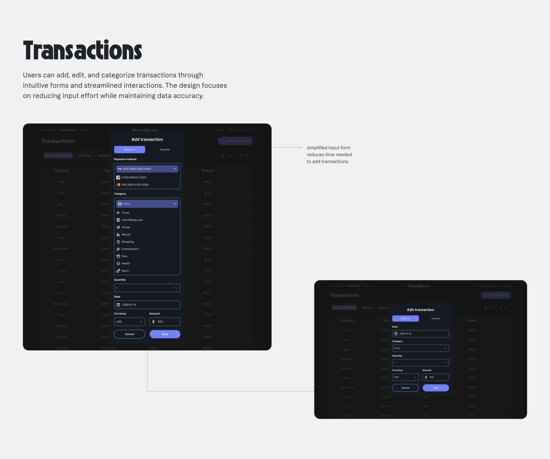 MoneyBloom transaction screens