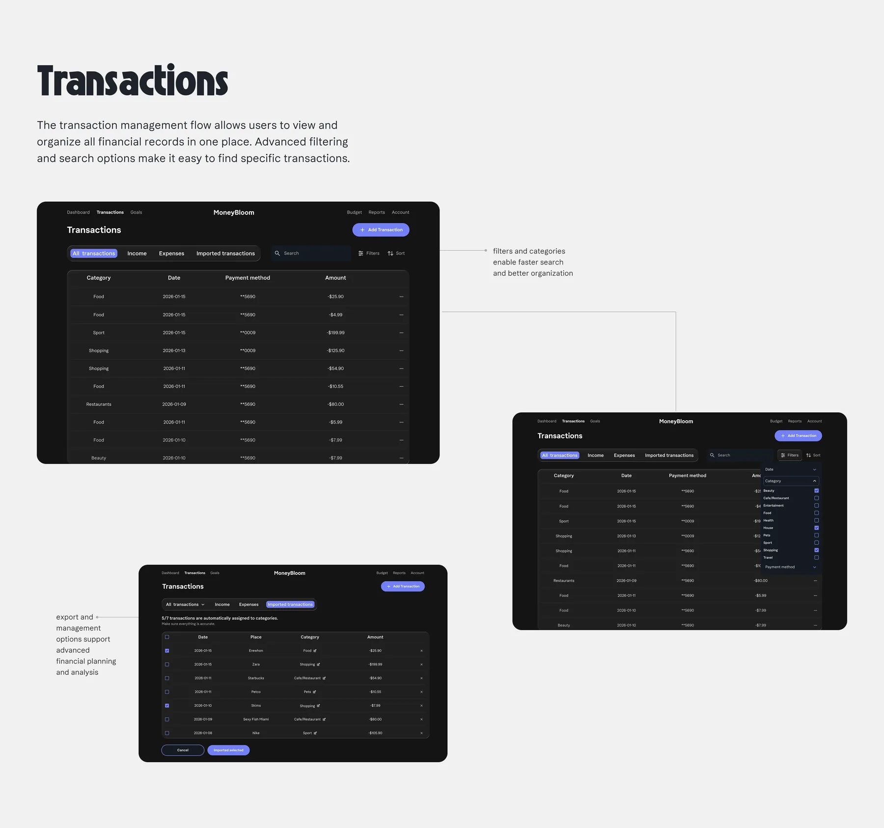 MoneyBloom transaction table layouts