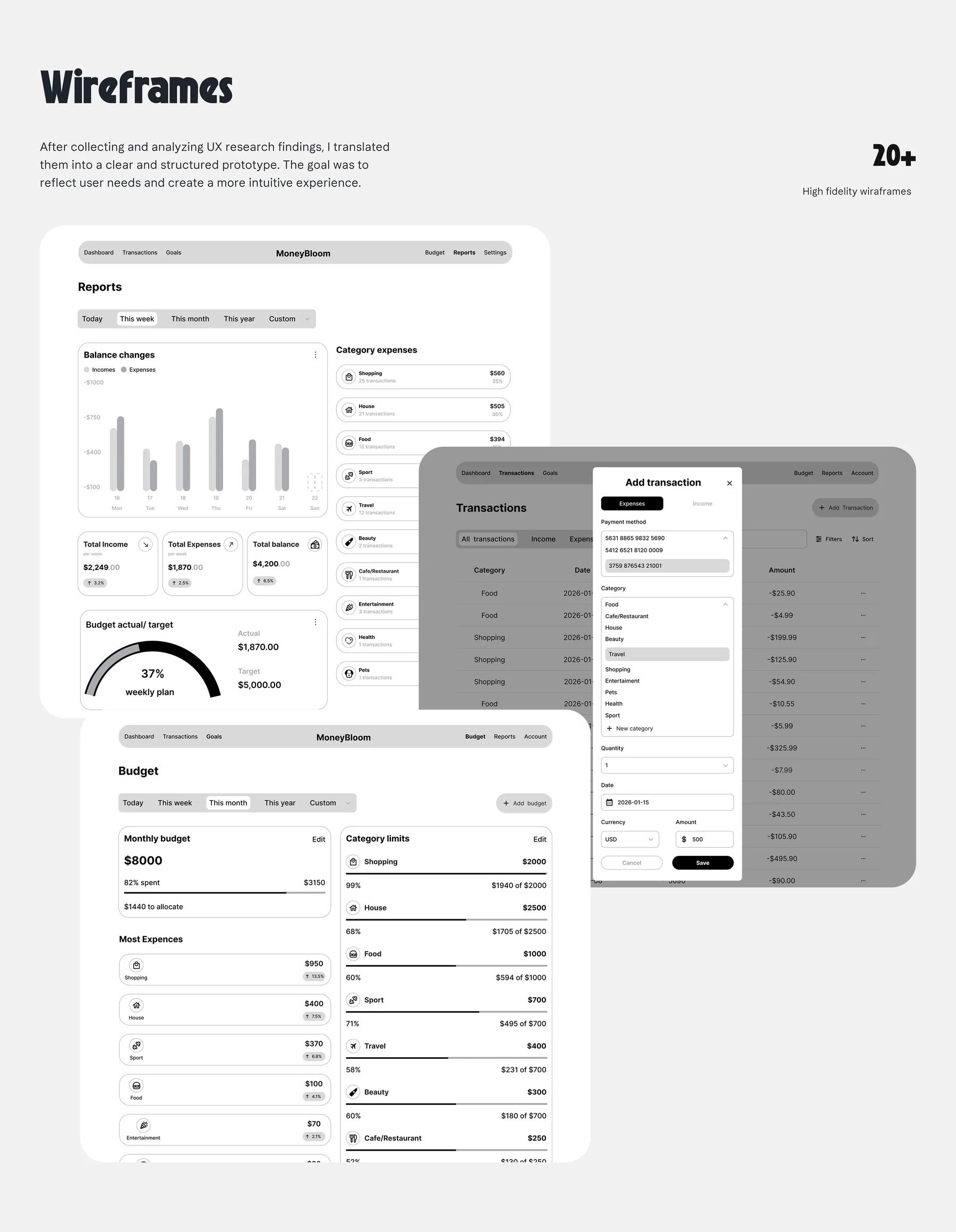 MoneyBloom desktop and mobile wireframes