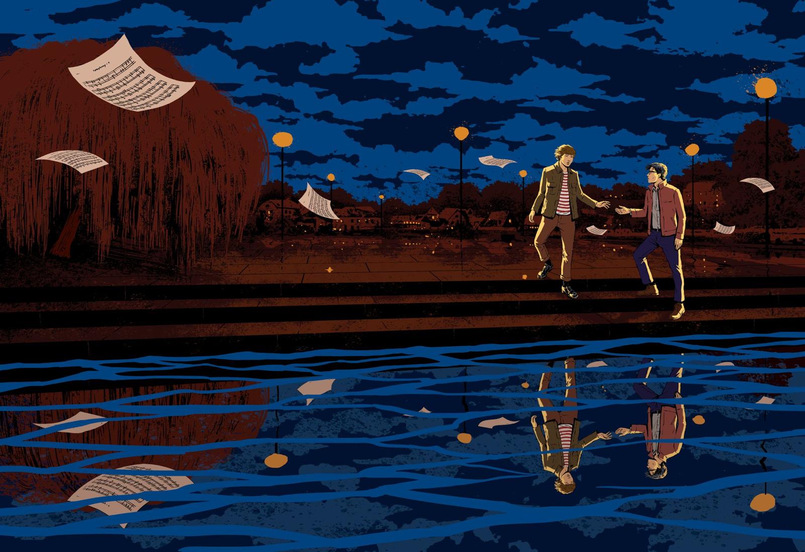 Dark blue illustrated night scene with two characters, floating music sheets and water reflections