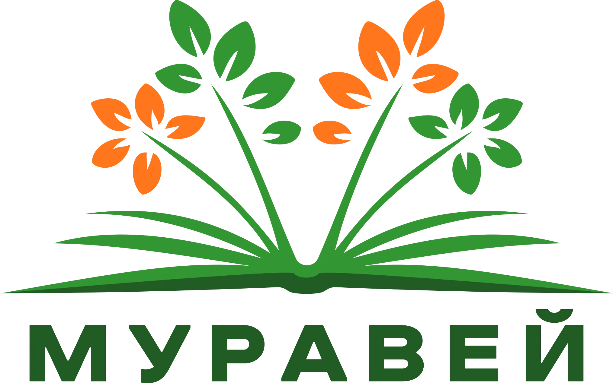 Murawei logo with green and orange leaves growing from an open book