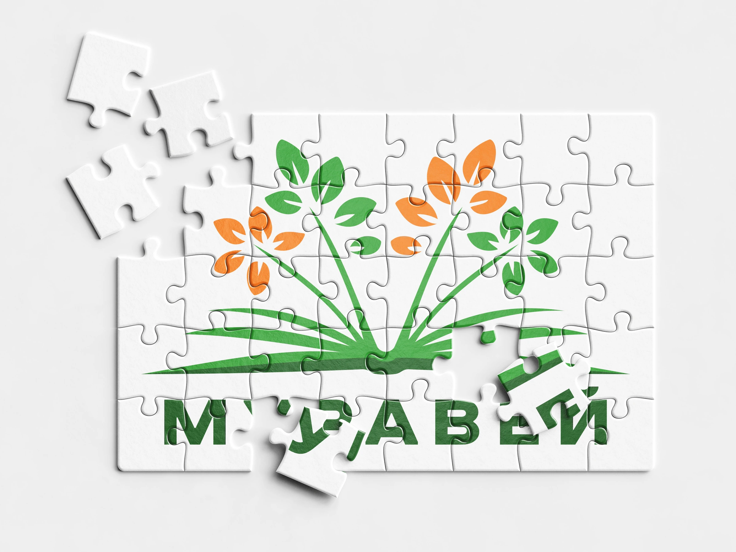 White puzzle composition revealing the Murawei flower and wordmark