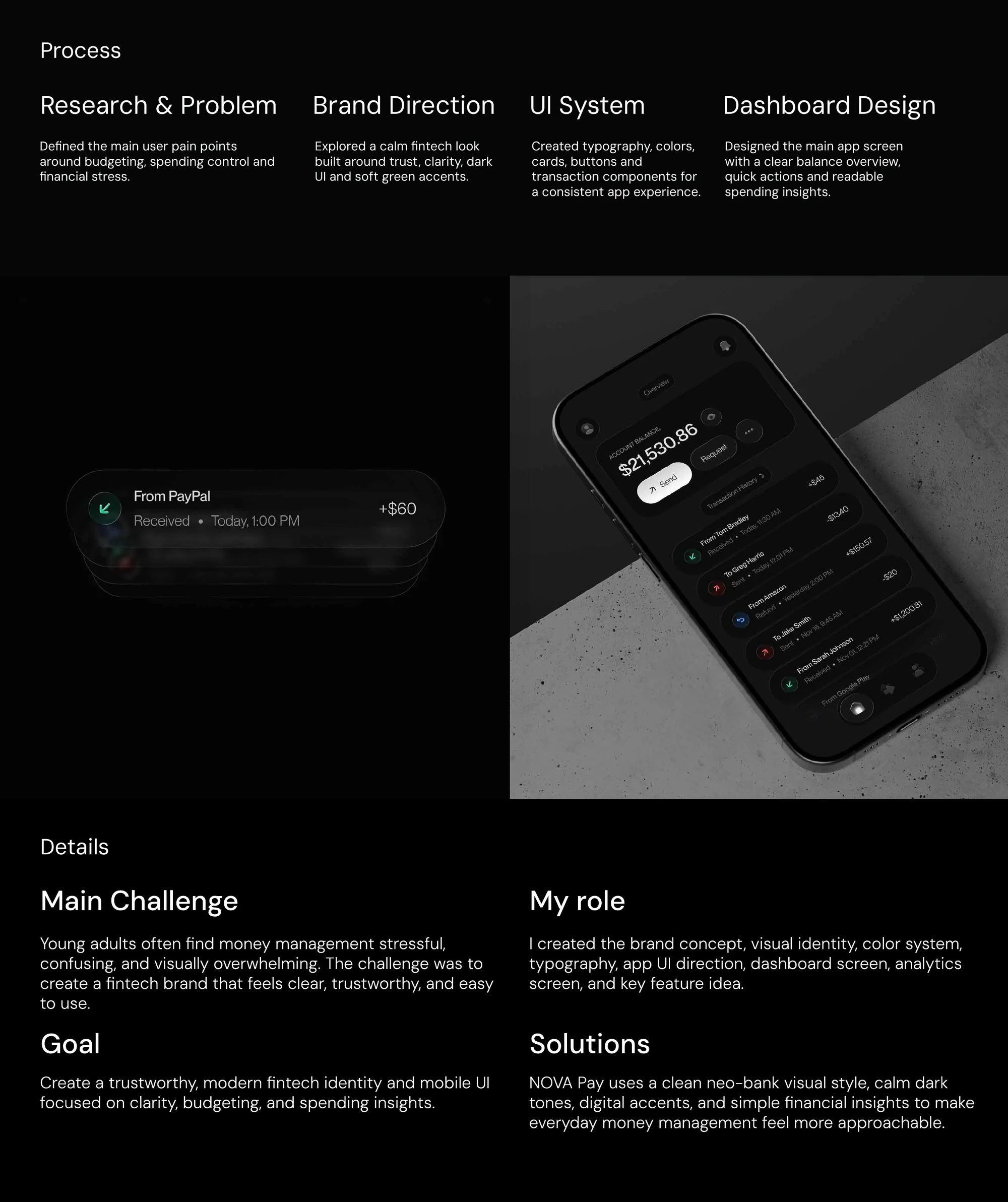 NovaPay process board with a transaction component, green brand application and mobile dashboard mockup