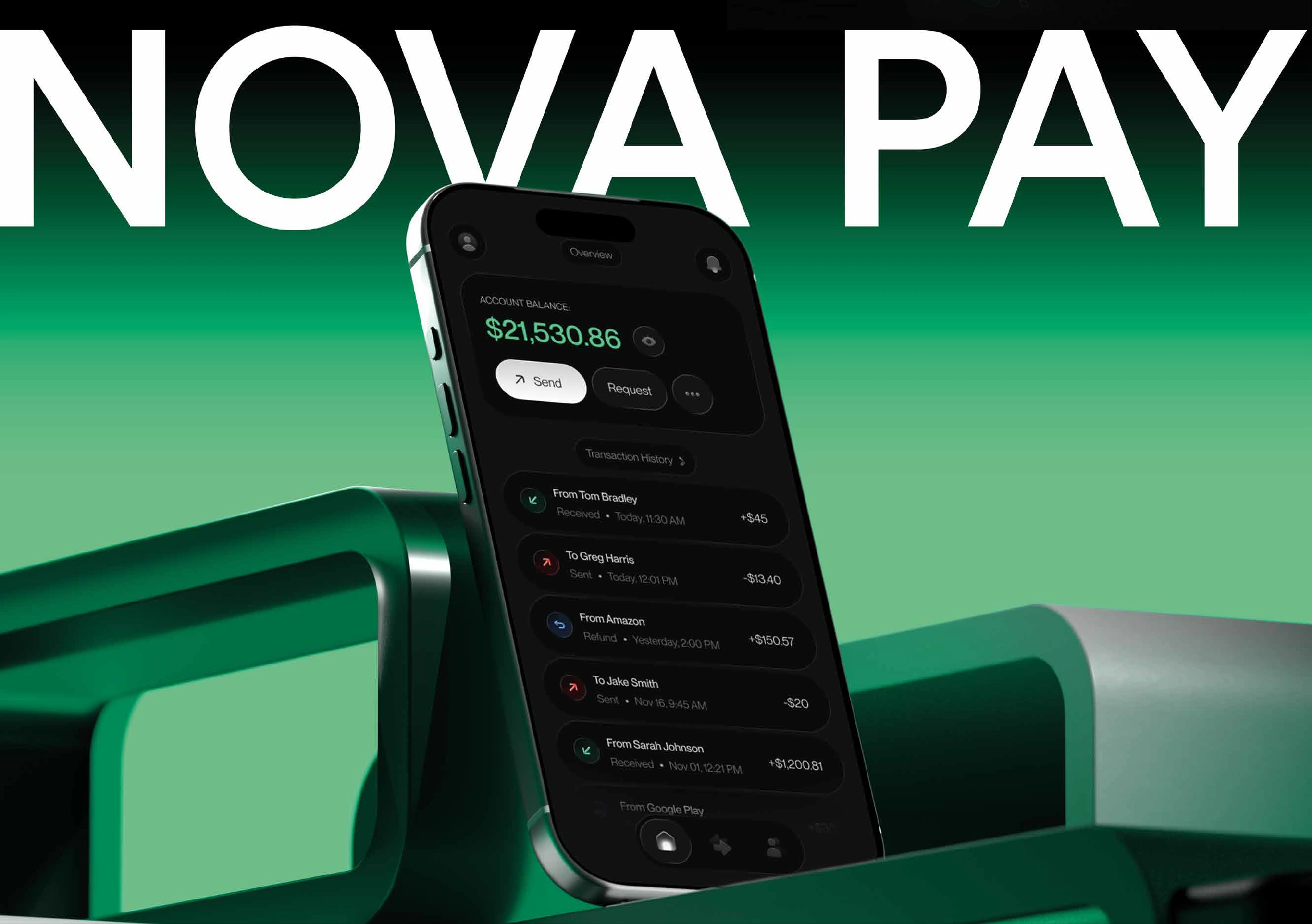 NovaPay mobile dashboard presented in a green and black brand composition