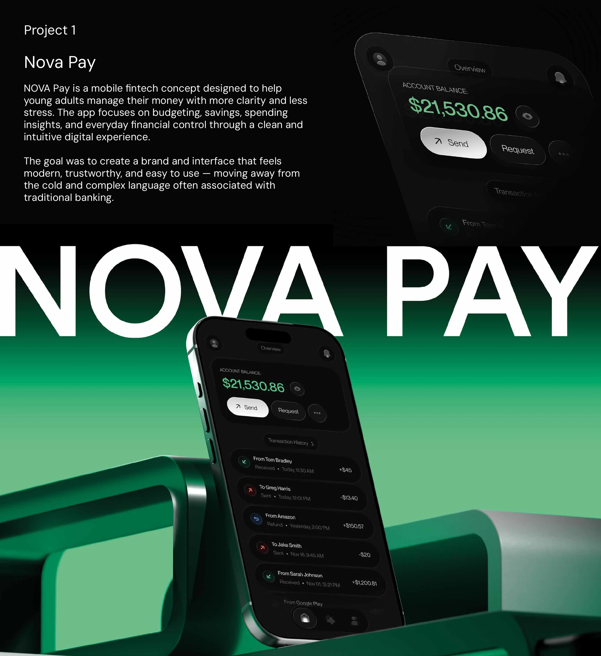 NovaPay project overview with dark mobile dashboard mockups and a green brand composition