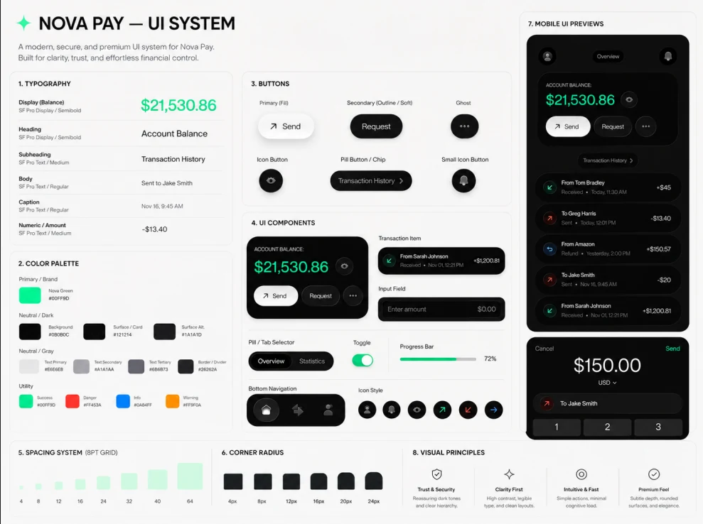 NovaPay UI system showing typography, colour palette, buttons, components, spacing, corner radii and mobile previews