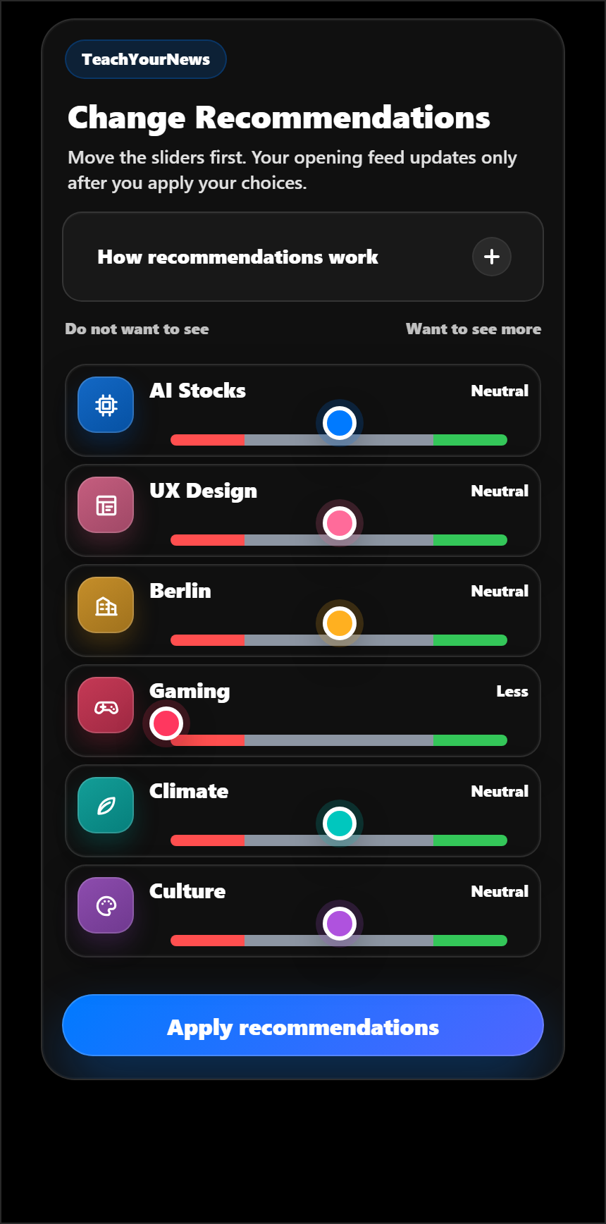 Change Recommendations screen with Gaming set to Less