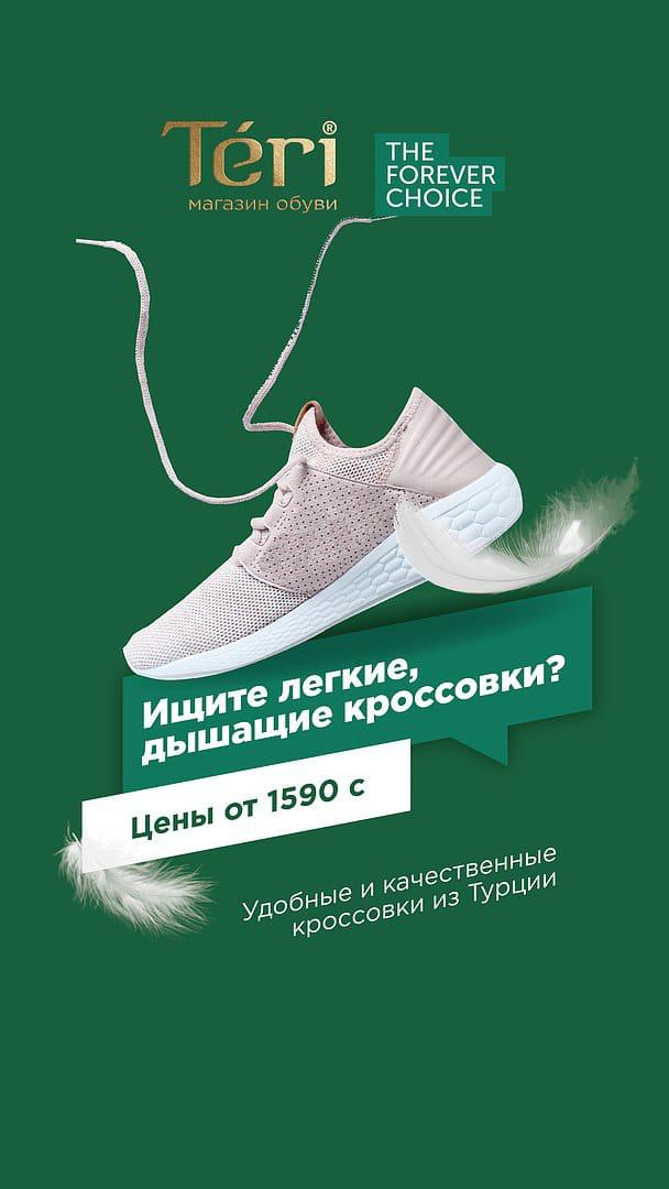 Teri promotional sneaker graphic with product benefit and price hierarchy