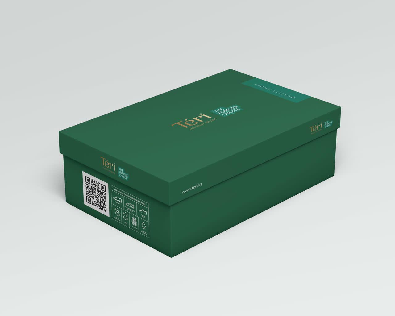Green Teri footwear box mockup with logo, QR code and information panel