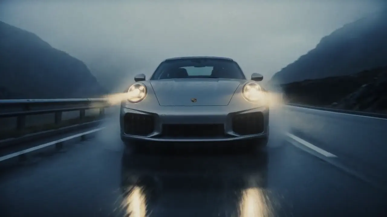 Frame from an AI-generated Porsche 911 commercial: a silver car on a wet mountain road at dusk