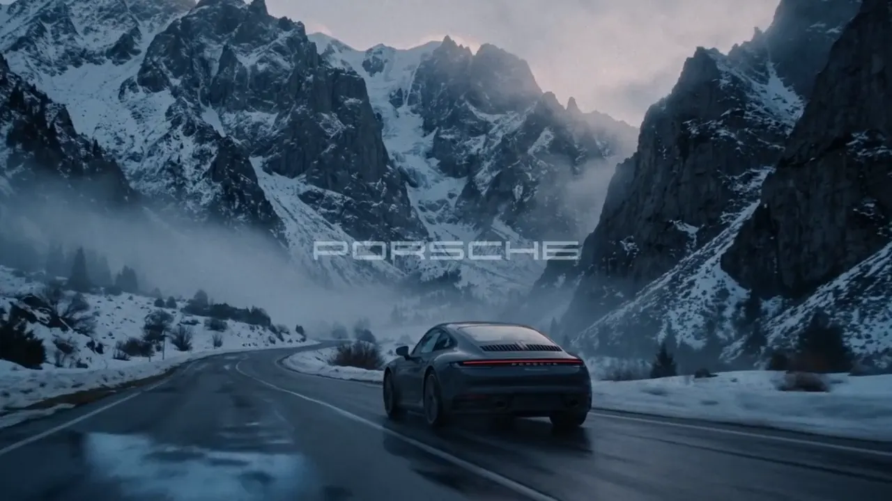 Wide frame of a car on a wet mountain pass between snow-covered peaks